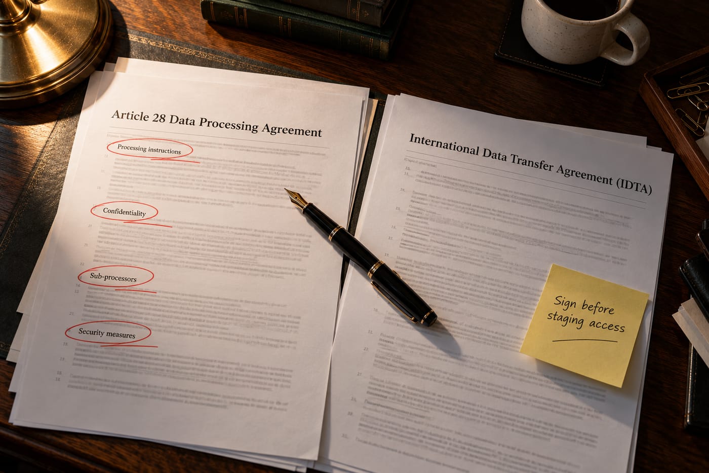Annotated UK GDPR Article 28 DPA and IDTA documents side by side on a London law office desk ready for signing.