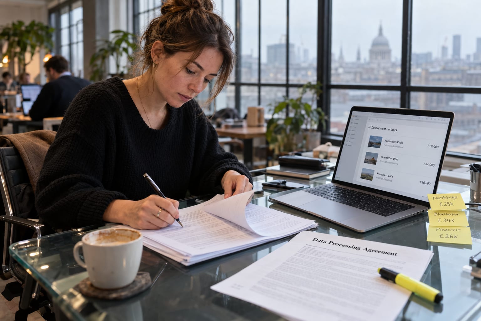 UK SaaS founder pausing before signing an offshore dev contract, DPA printout highlighted on her desk in a London co-working space.