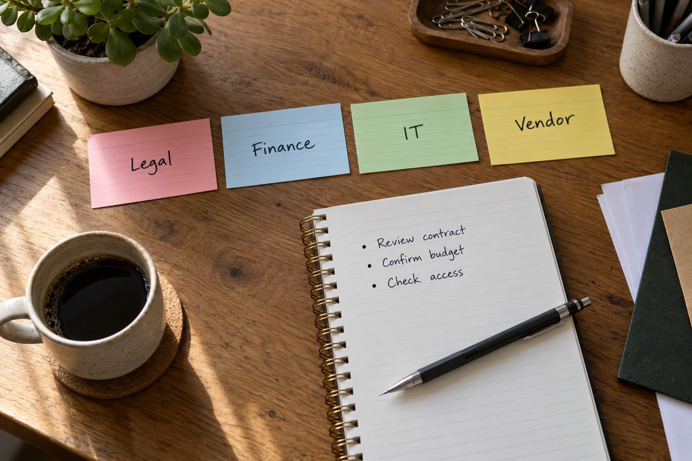Four colour-coded index cards labelled Legal, Finance, IT, and Vendor laid out on a wooden desk beside a handwritten checklist.