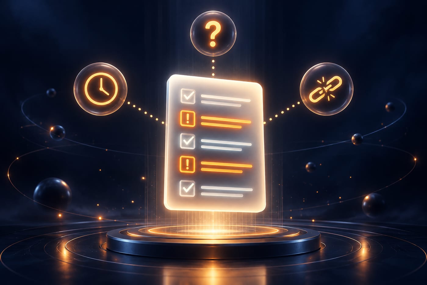 Synthetic illustration of a glowing checklist with amber warning highlights and floating caution icons on a dark indigo background.