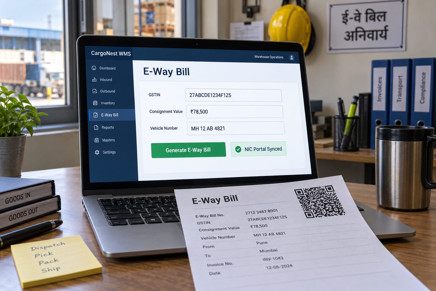 WMS portal screen showing GST e-way bill generation form with GSTIN fields and NIC portal sync status on a warehouse desk.