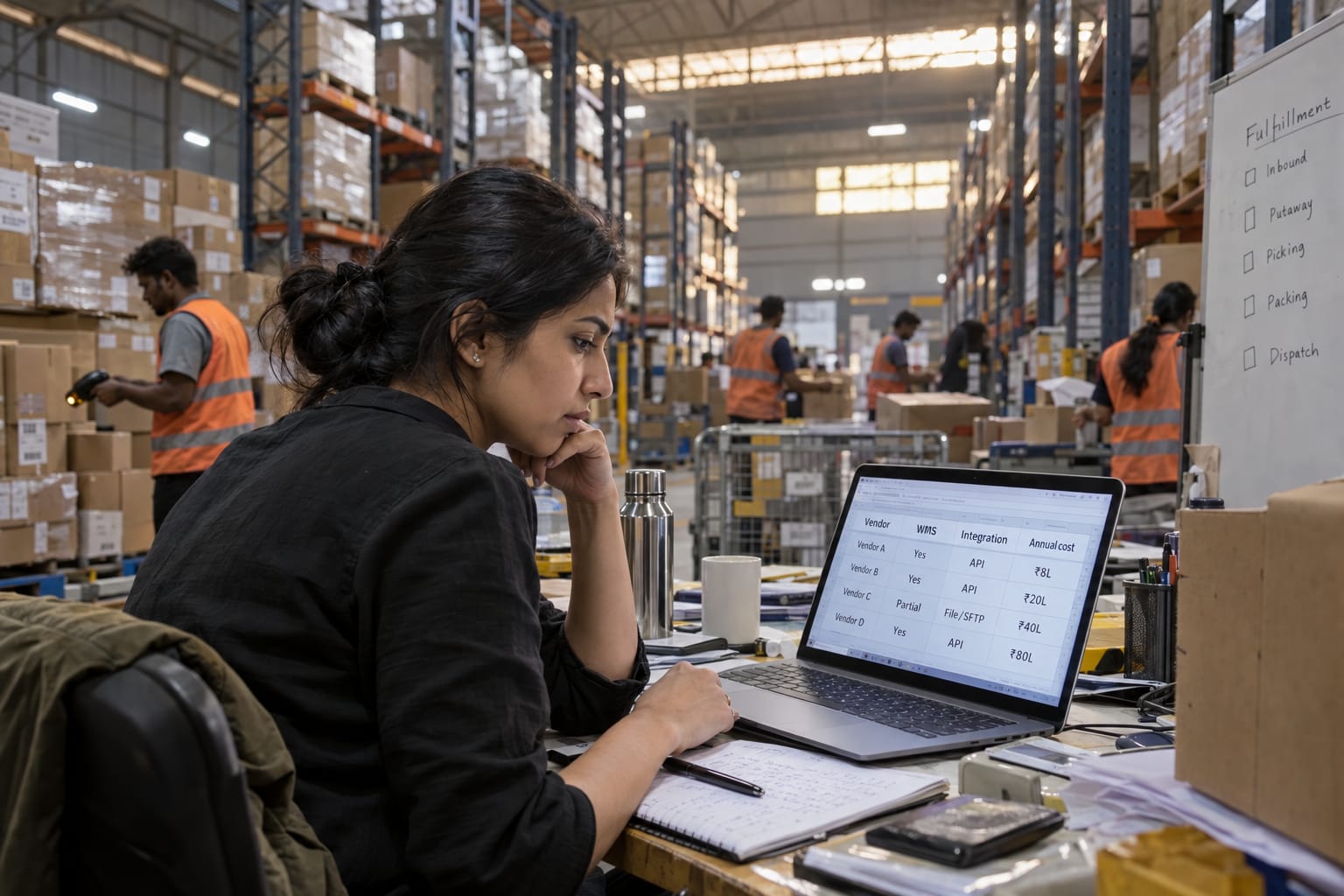 Founder reviewing WMS cost estimates on a laptop inside an Indian fulfillment warehouse with shelving racks behind her.