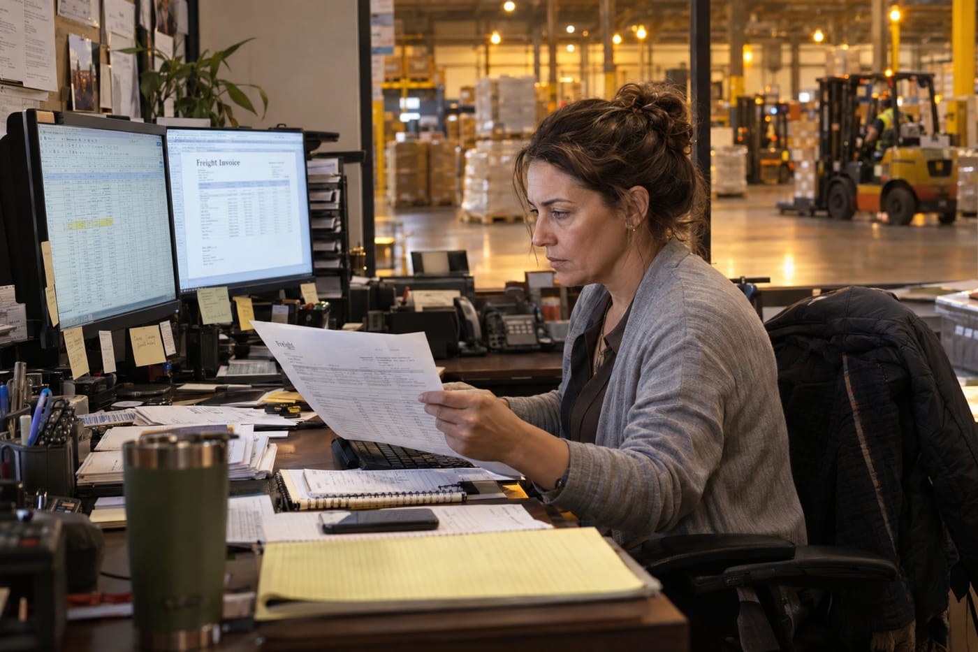 Operations director comparing a paper invoice to a spreadsheet in a US warehouse back office
