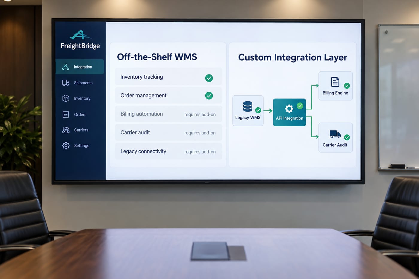Side-by-side UI comparison of off-the-shelf WMS versus a custom billing integration layer on a conference room monitor