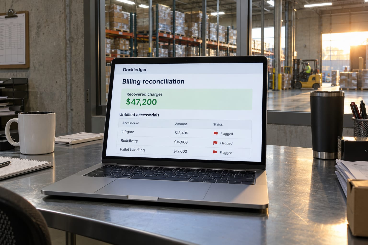 Billing-reconciliation dashboard on a laptop in a US warehouse office showing recovered accessorial charges