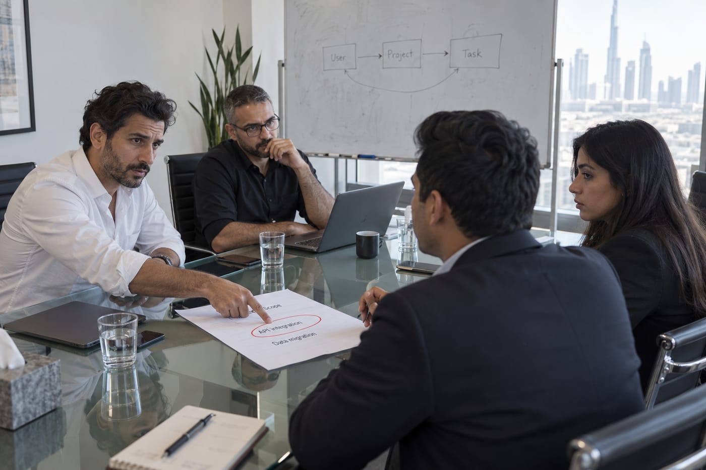 Founder points to a circled item on a printed scope document during a technical deep-dive meeting in Dubai.