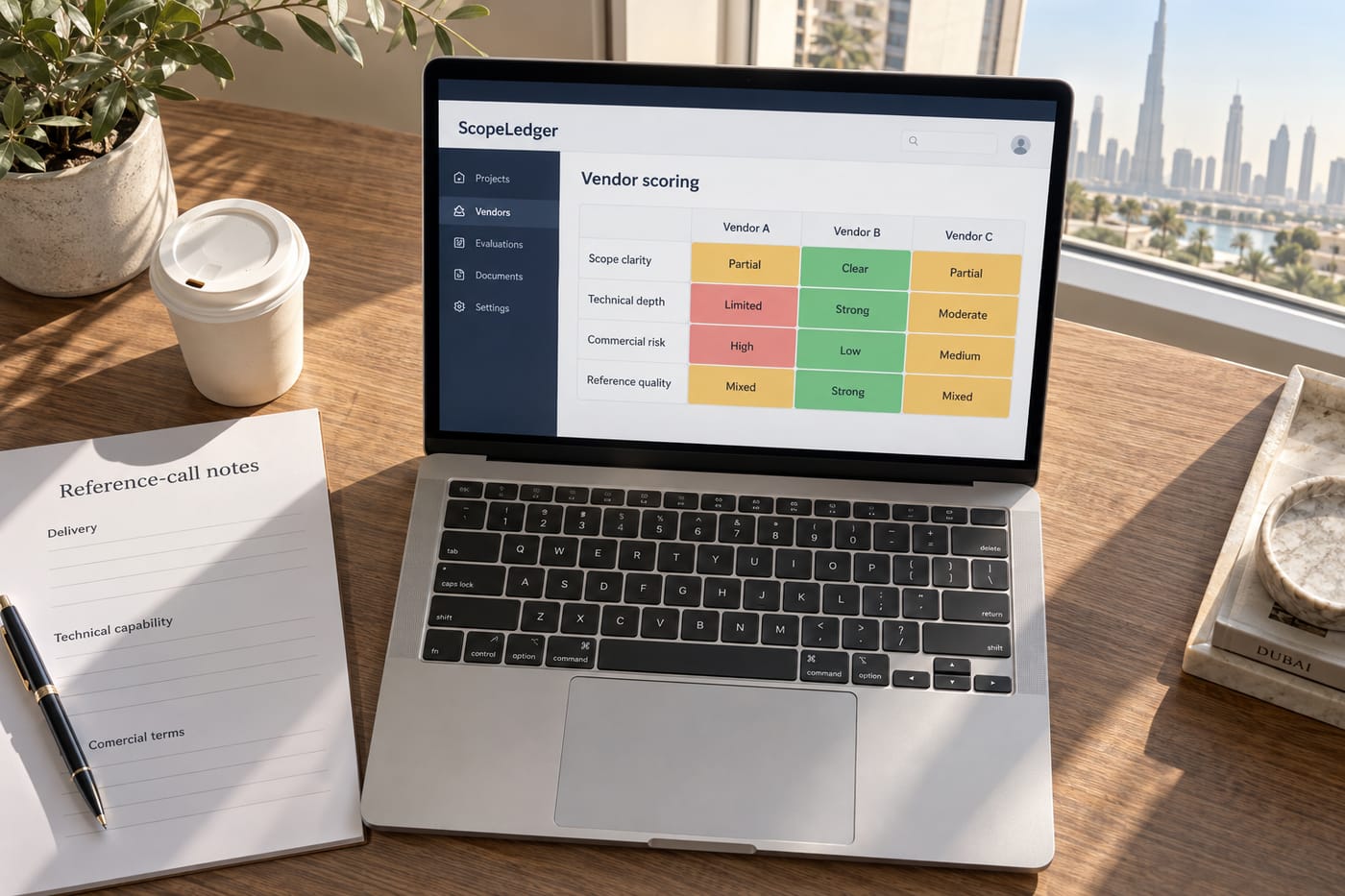 Laptop displaying a colour-coded vendor scoring spreadsheet comparing three dev-partner pitches on a Dubai home-office desk.