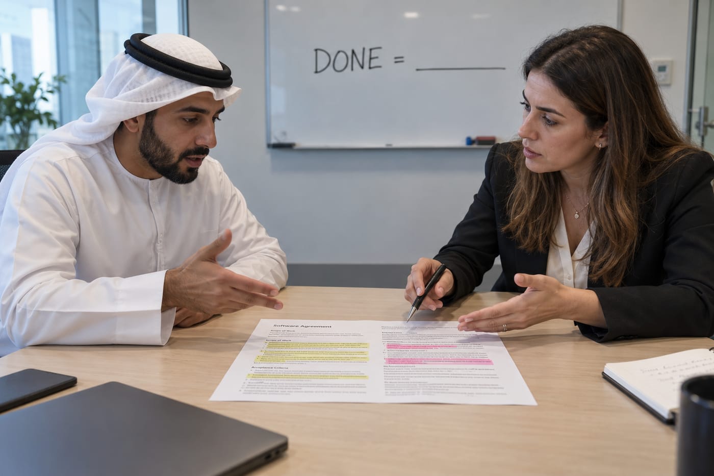 A founder and vendor debate acceptance criteria wording in a UAE office meeting room
