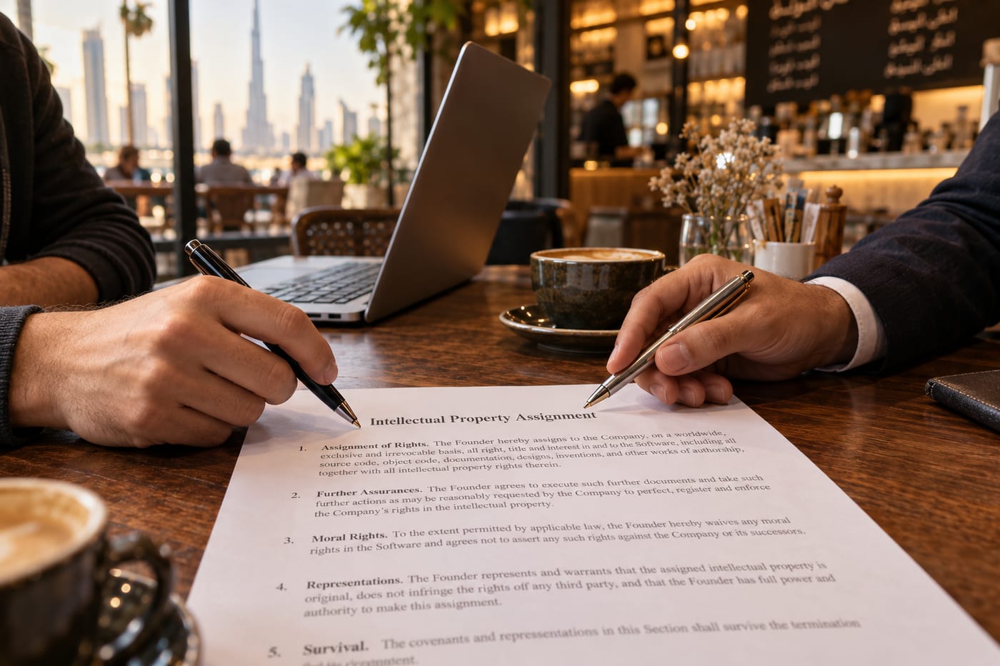A founder and developer each point to IP assignment clauses on a printed contract in a Dubai café