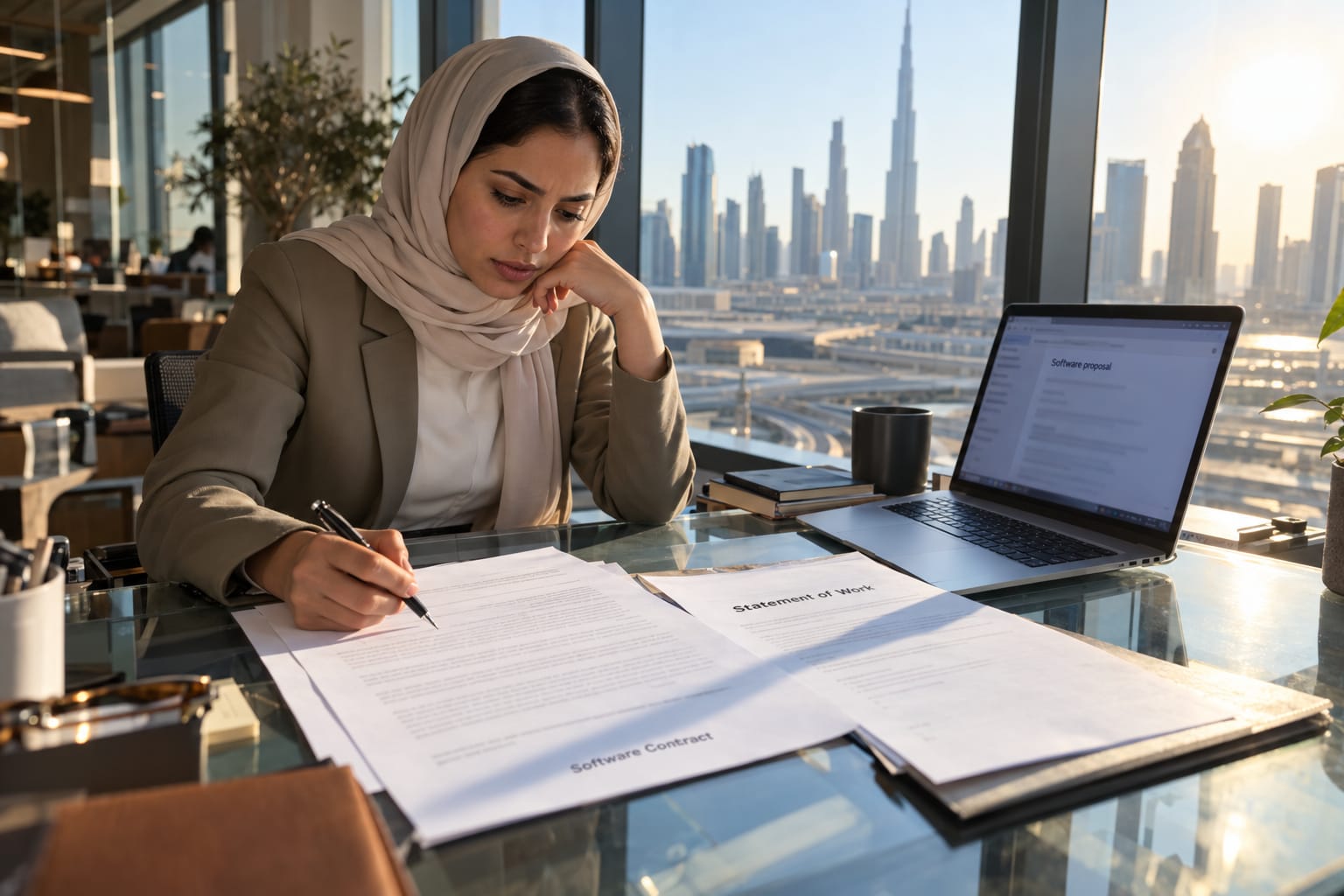 A startup founder in Dubai reviews a Statement of Work document at a modern co-working space before signing