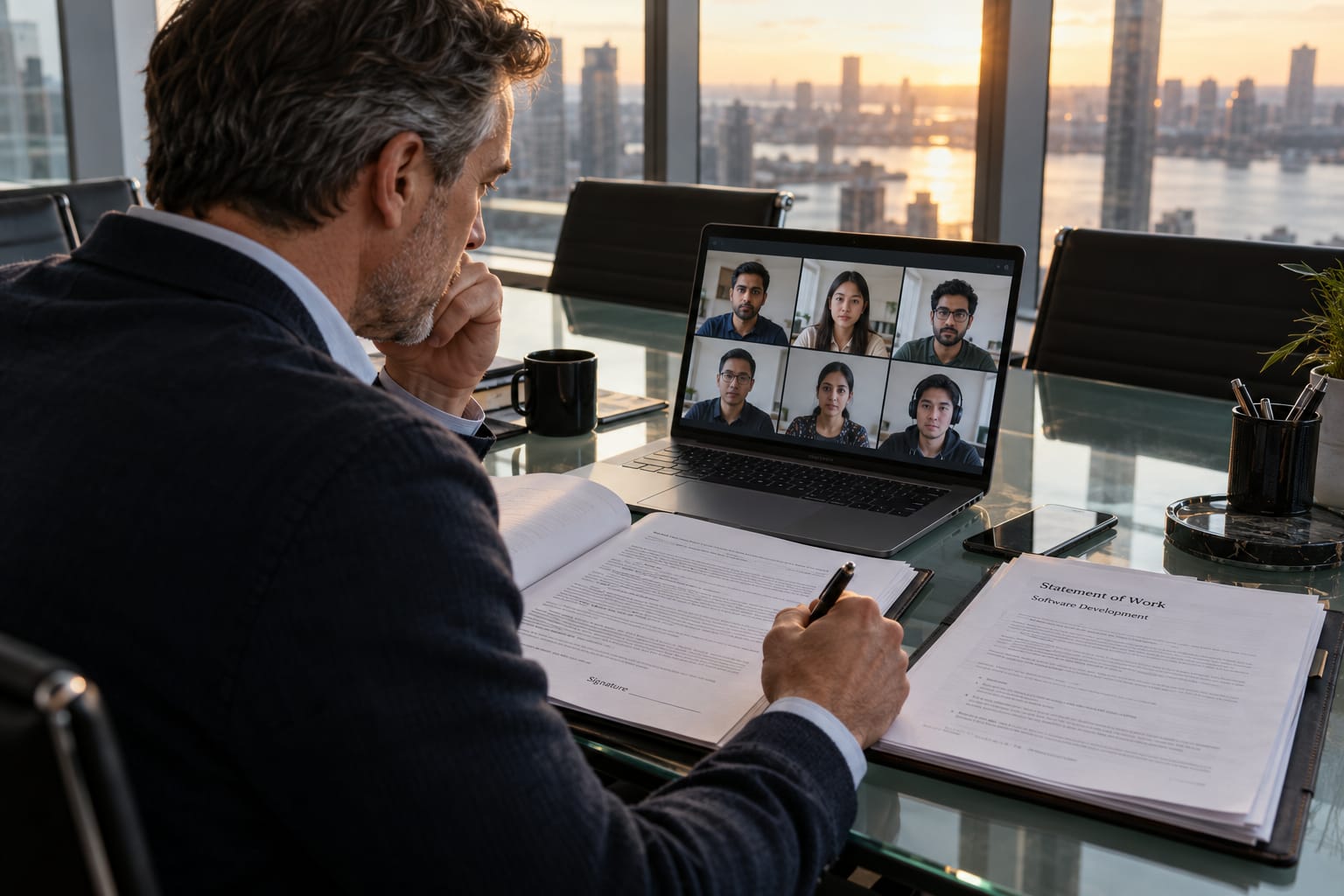 VP of Engineering reviewing an offshore development contract beside a video call grid of unnamed engineers