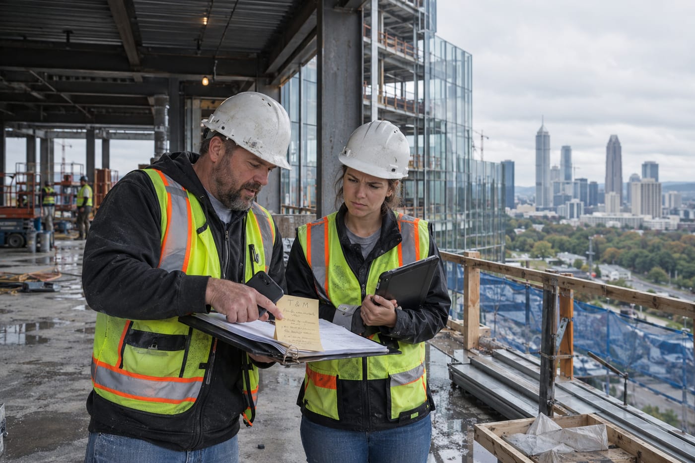 Superintendent and PM reviewing a T&M change order tag on an active high-rise construction floor in Atlanta