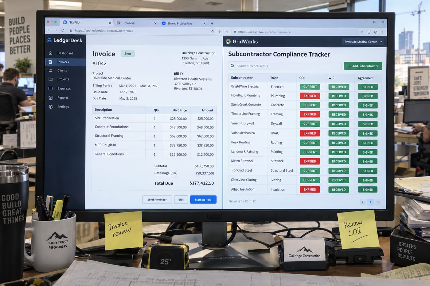Office monitor showing a QuickBooks invoice and Excel sub-compliance tracker with expired COI warnings side by side