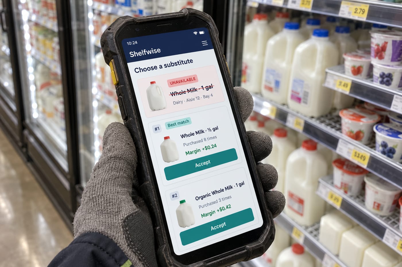 Handheld scanner showing a substitution engine UI with ranked replacement suggestions and customer purchase history.