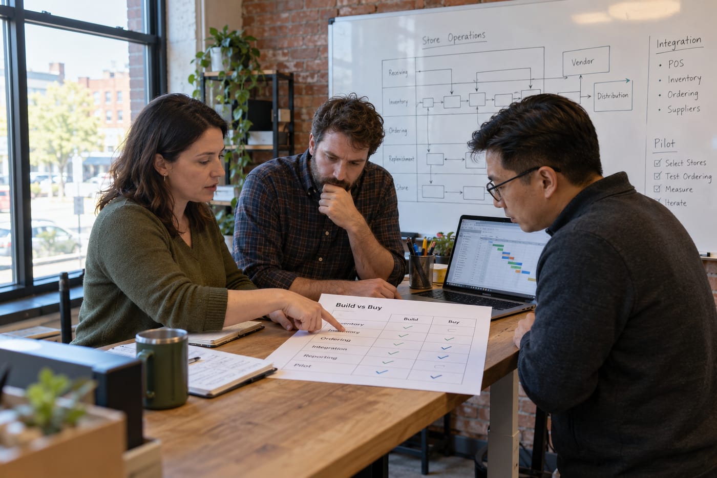 A three-person ops team reviews a build-vs-buy timeline and cost matrix at a standing desk in a regional grocery office.