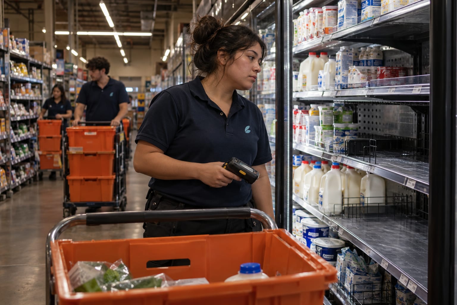 A grocery dark-store picker pauses at an empty shelf slot, scanner in hand, while colleagues work the aisles behind.
