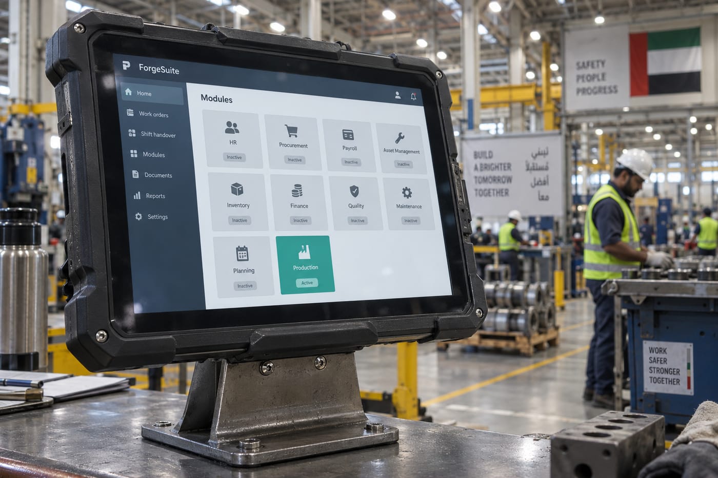 Tablet on a UAE factory floor showing an overcrowded ERP dashboard with most modules unused