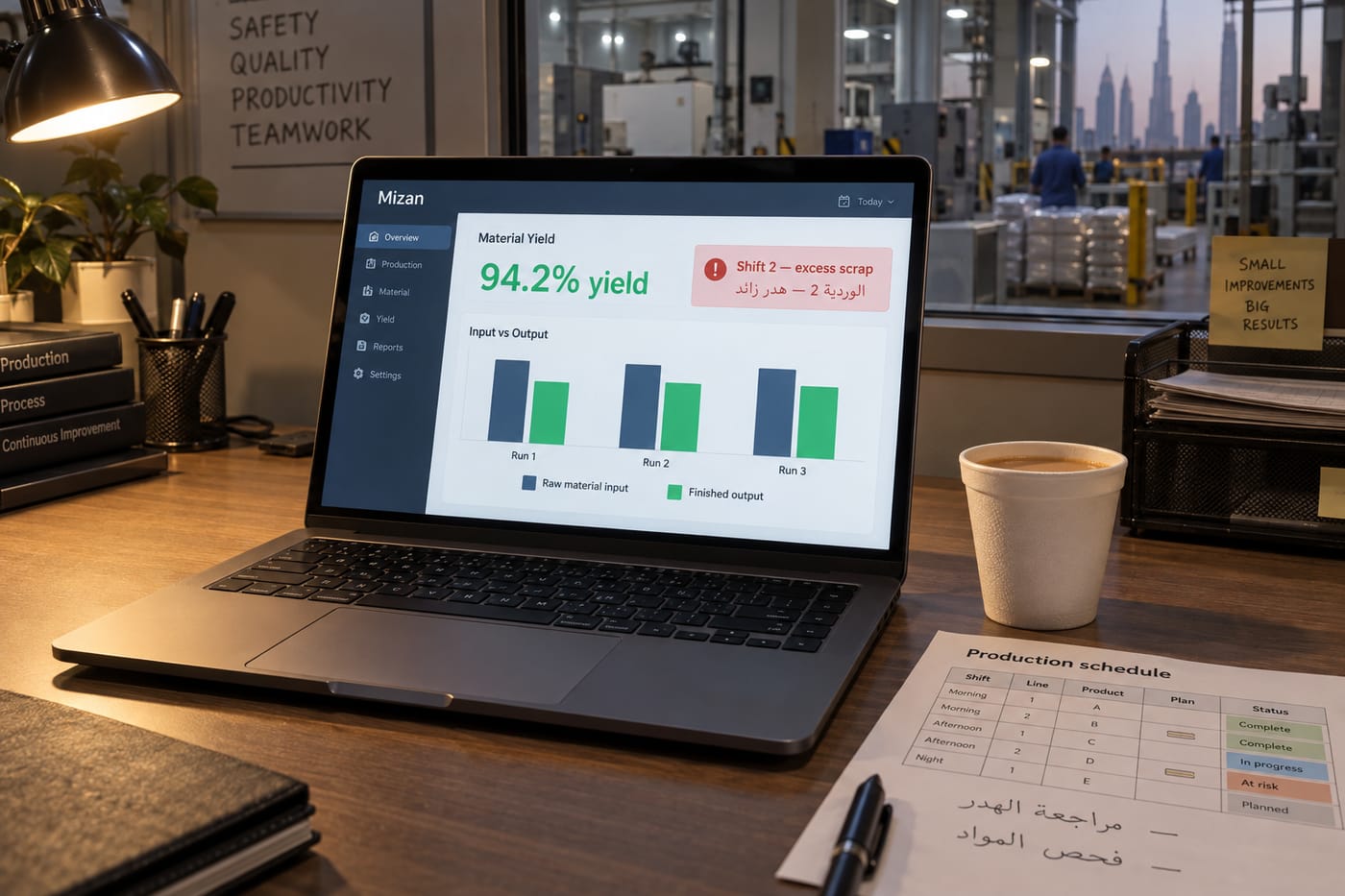 Laptop on a Dubai factory manager's desk showing a focused real-time material yield tracking dashboard
