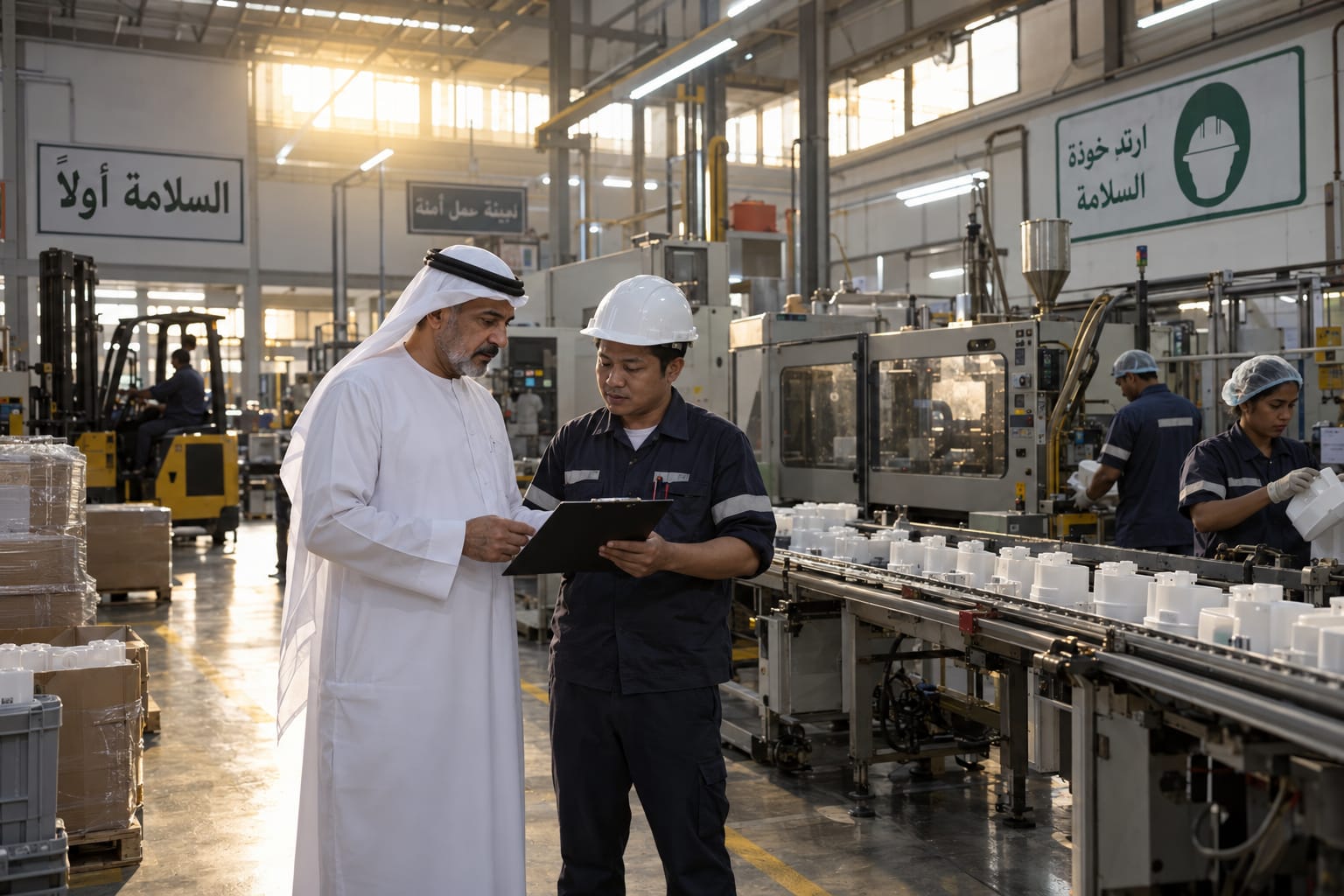 UAE factory owner and operations manager reviewing production data on a busy Sharjah manufacturing floor