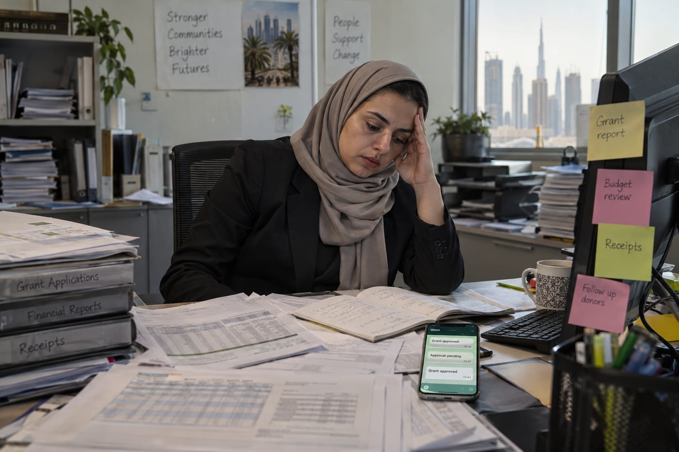 A UAE foundation finance manager surrounded by printed spreadsheets and WhatsApp messages managing grants manually