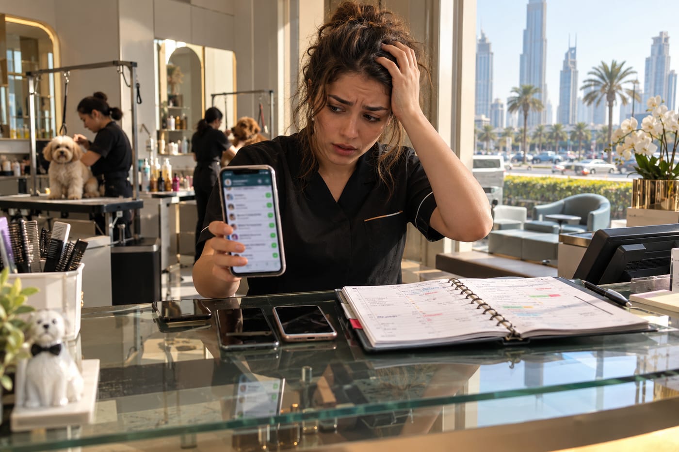 Grooming salon staff member in Dubai overwhelmed by WhatsApp booking messages, with multiple phones and a paper appointment book on the counter.