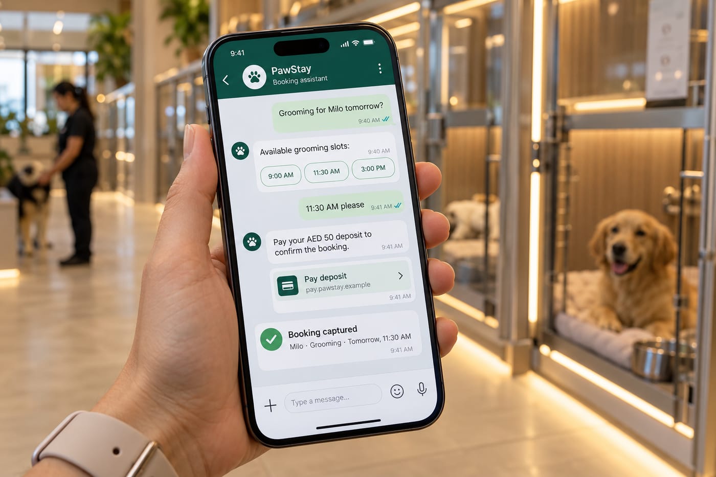 Smartphone showing a WhatsApp booking bot sending available slots and a deposit payment link inside a Dubai pet boarding facility.
