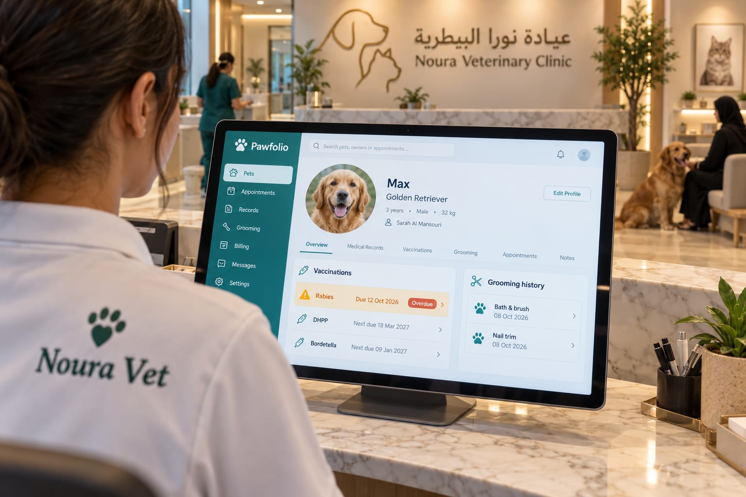 Tablet showing a pet profile dashboard with vaccination history and grooming records at a Dubai pet clinic reception desk.