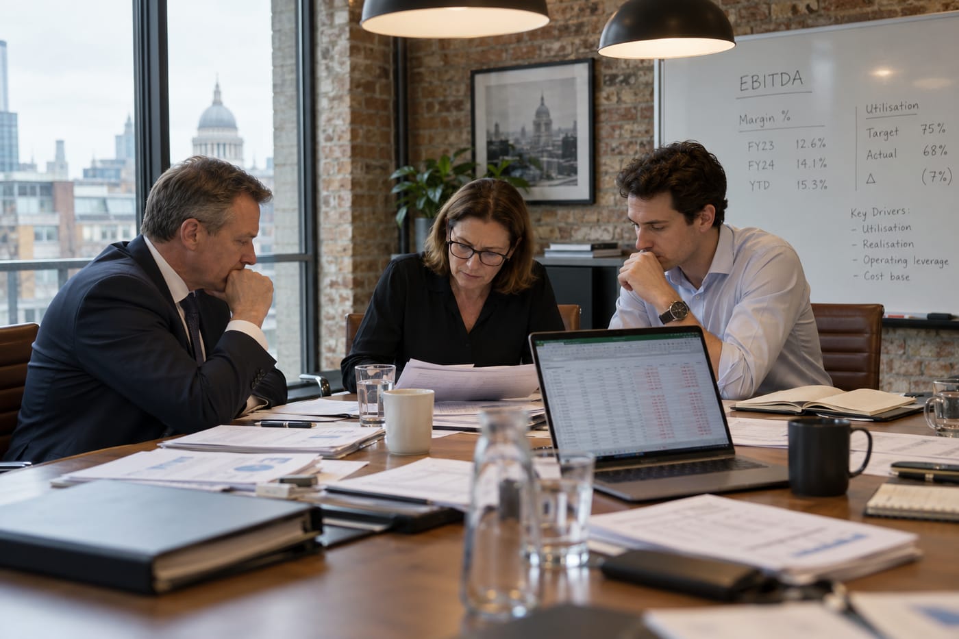 Managing partner and COO reviewing utilisation reports and margin figures in a London consultancy boardroom.