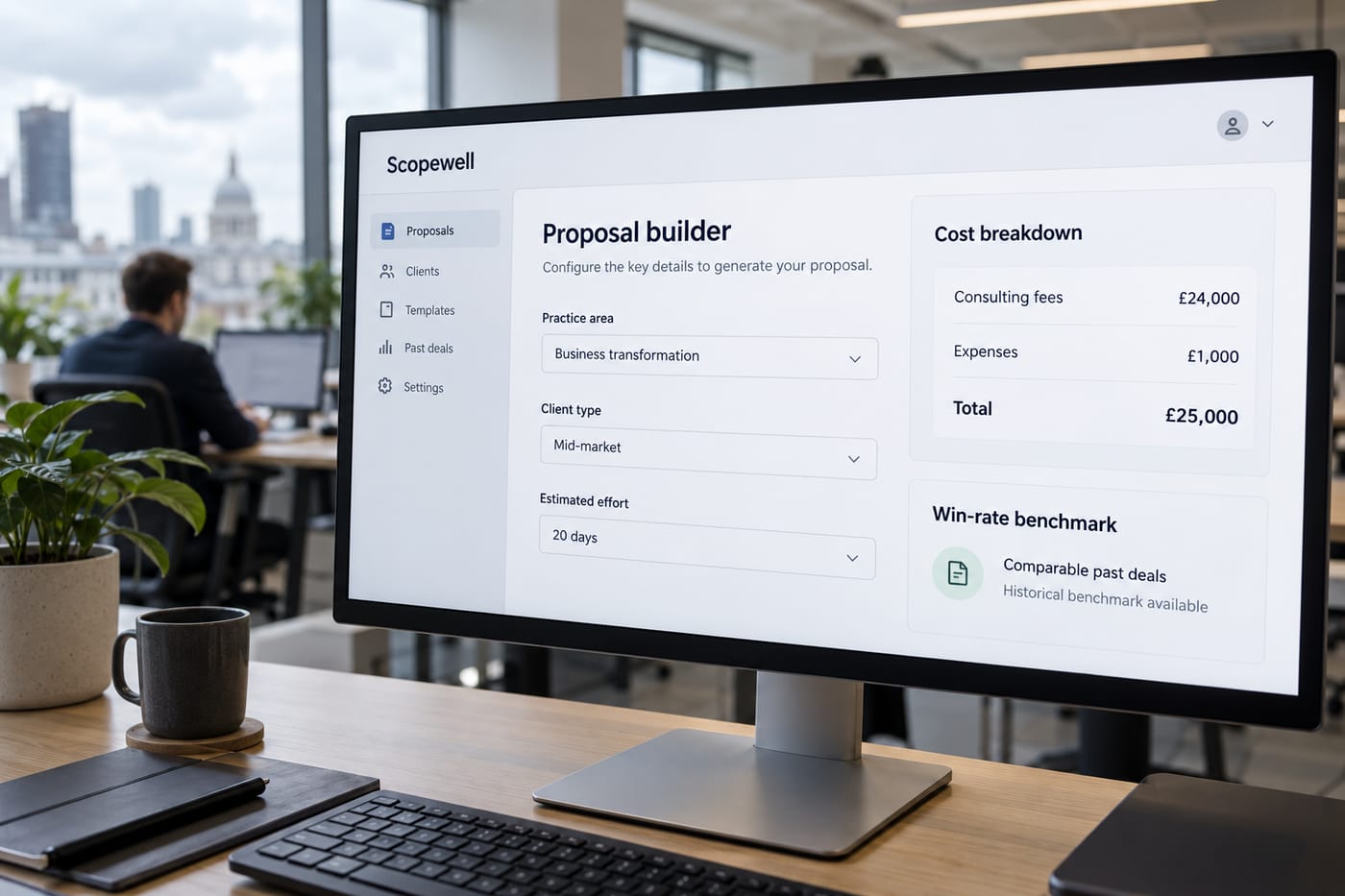 Proposal engine app on a monitor auto-calculating cost and margin for a UK consultancy pitch.