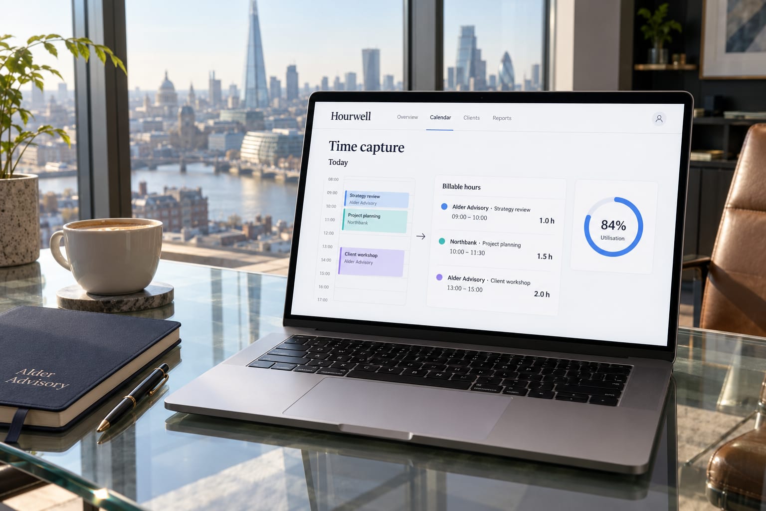 Automated time-capture dashboard on a laptop in a London consultancy office showing calendar-synced billable hours.