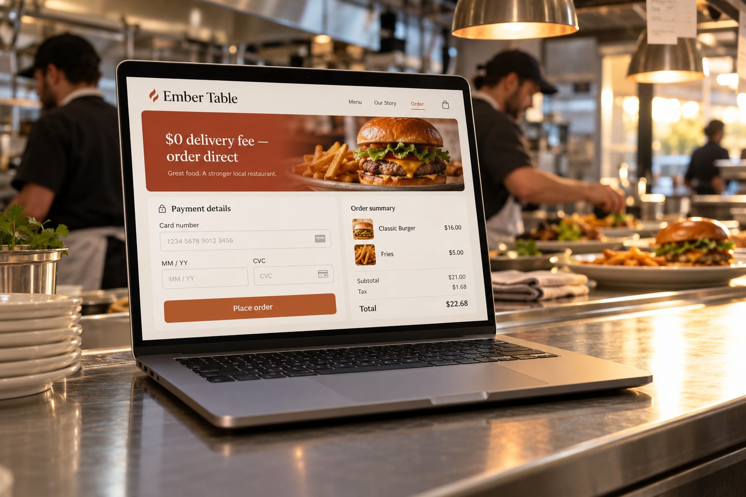 Direct-ordering web app on a laptop at a restaurant counter, showing Stripe checkout and a 'order direct' banner