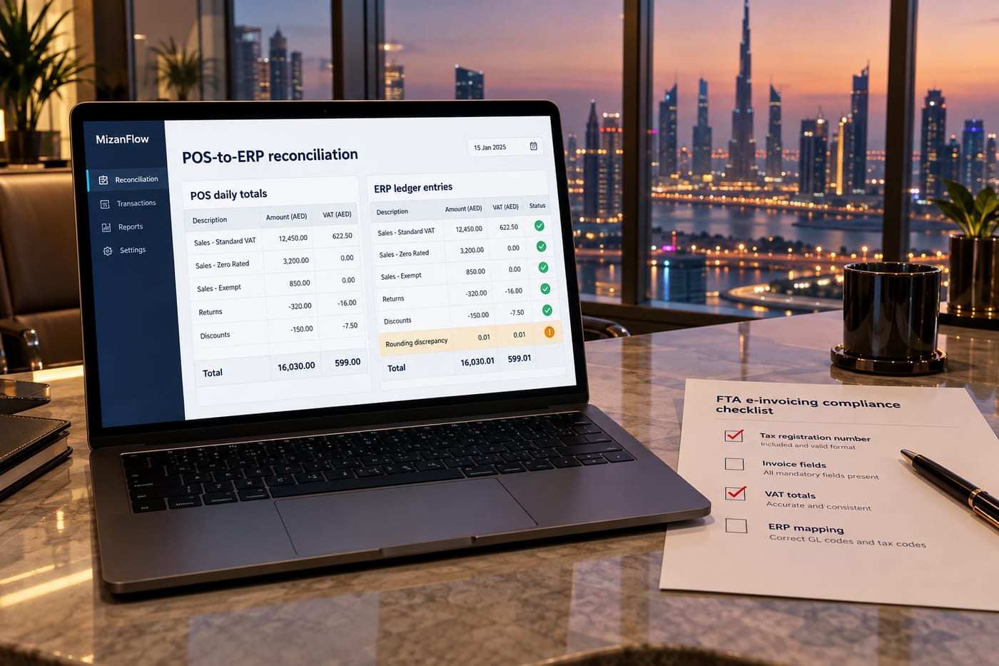 POS-to-ERP VAT reconciliation dashboard on a laptop in a Dubai finance office with skyline view at dusk