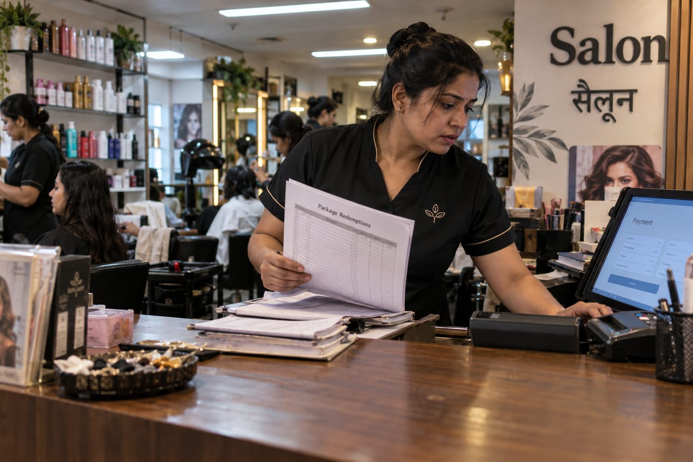 Indian salon receptionist comparing a paper package ledger against a POS terminal, highlighting manual membership tracking gaps.