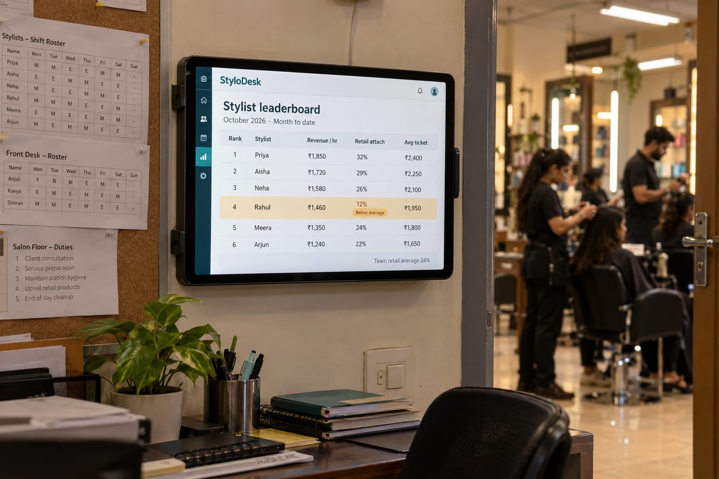 Stylist productivity leaderboard on an iPad in an Indian salon back office showing per-stylist revenue and retail attach rates.