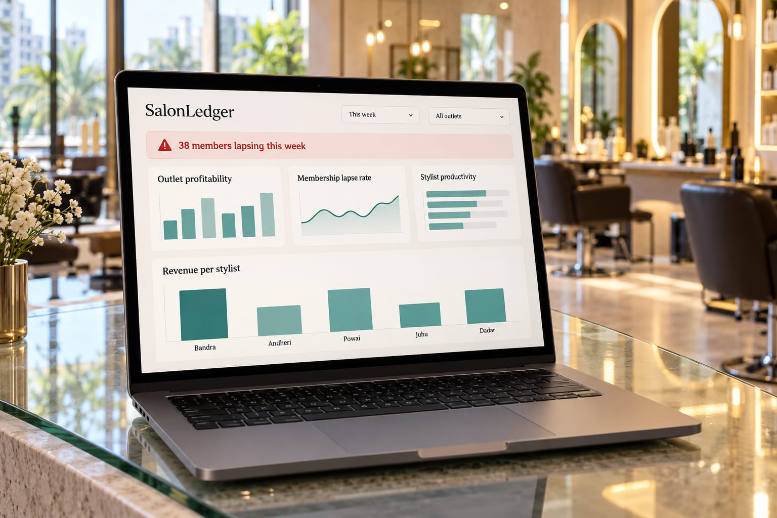 Salon chain analytics dashboard on a laptop at a Mumbai salon reception desk showing membership lapse alerts and outlet profitability.