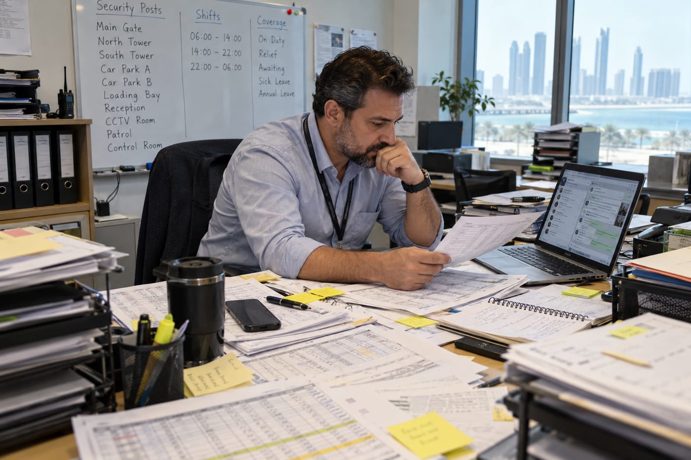 UAE security company ops manager surrounded by paper rosters and WhatsApp chats while preparing a client report manually.