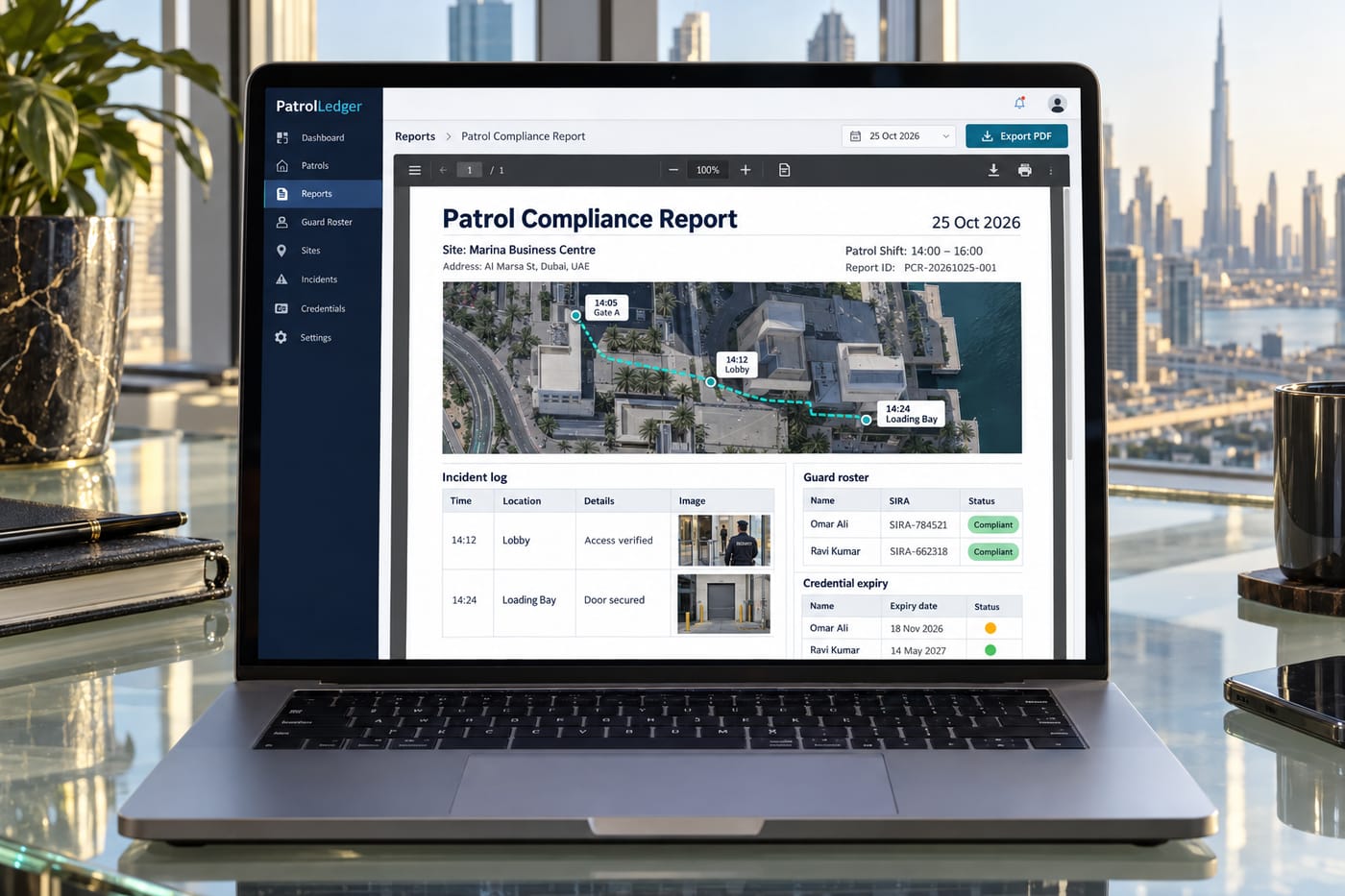 Client portal dashboard on a laptop showing timestamped patrol logs, incident reports, and SIRA compliance badges for UAE guards.