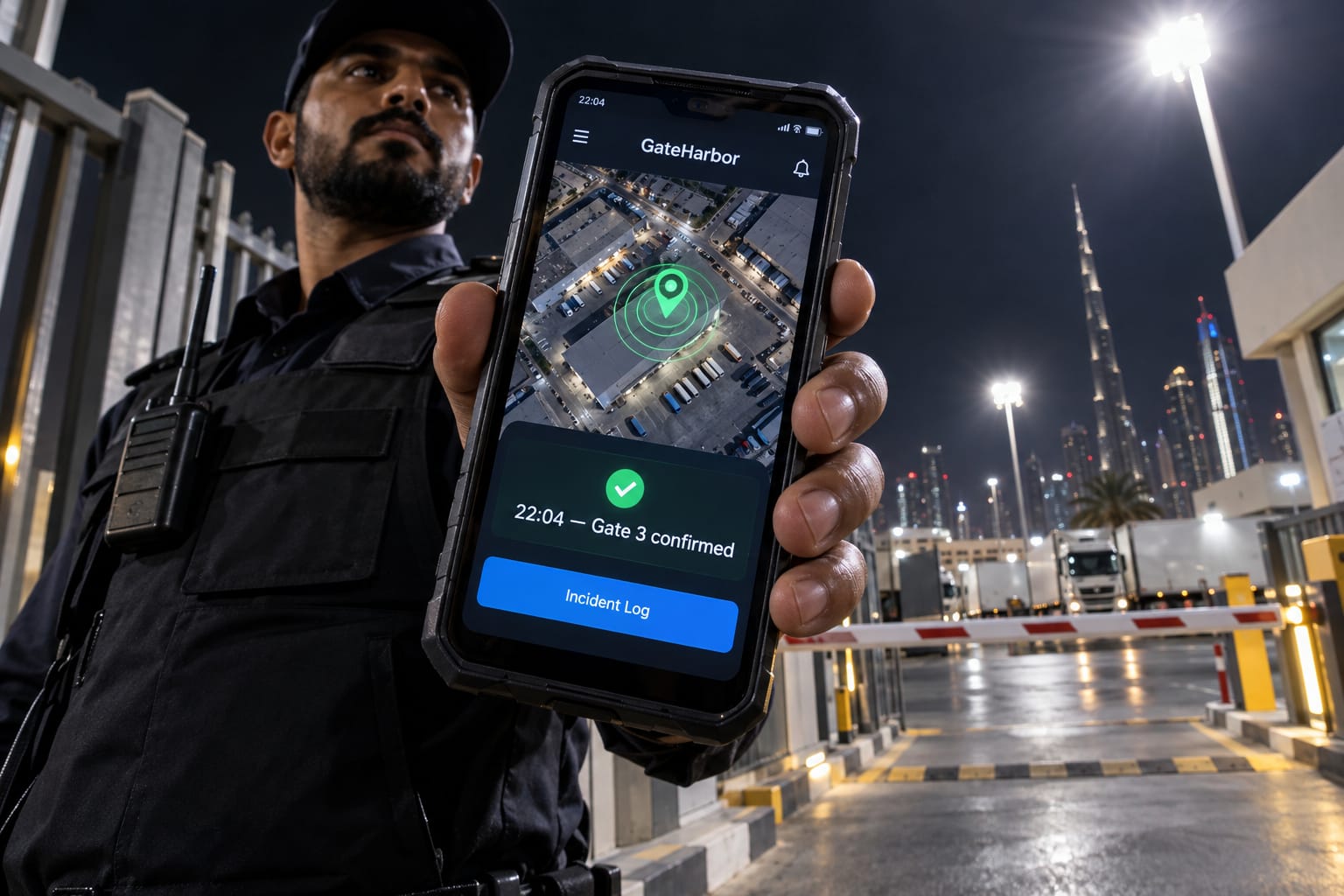 Security guard at a Dubai logistics gate checking in via a geo-fenced attendance app on an Android phone at night.