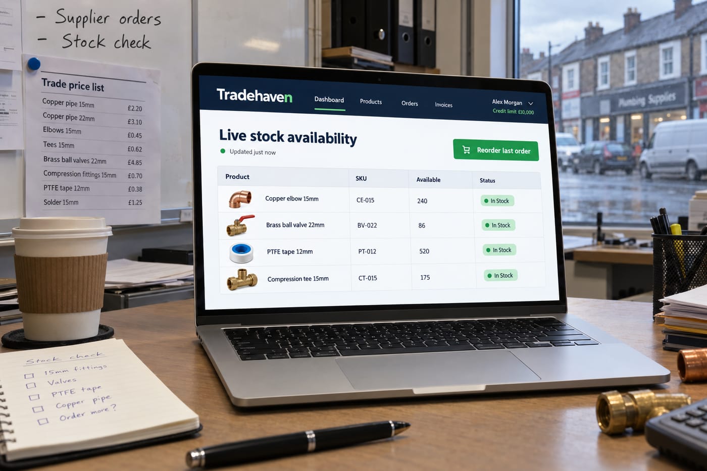 B2B self-serve trade portal showing live stock availability and reorder buttons on a laptop in a UK buyer's back office