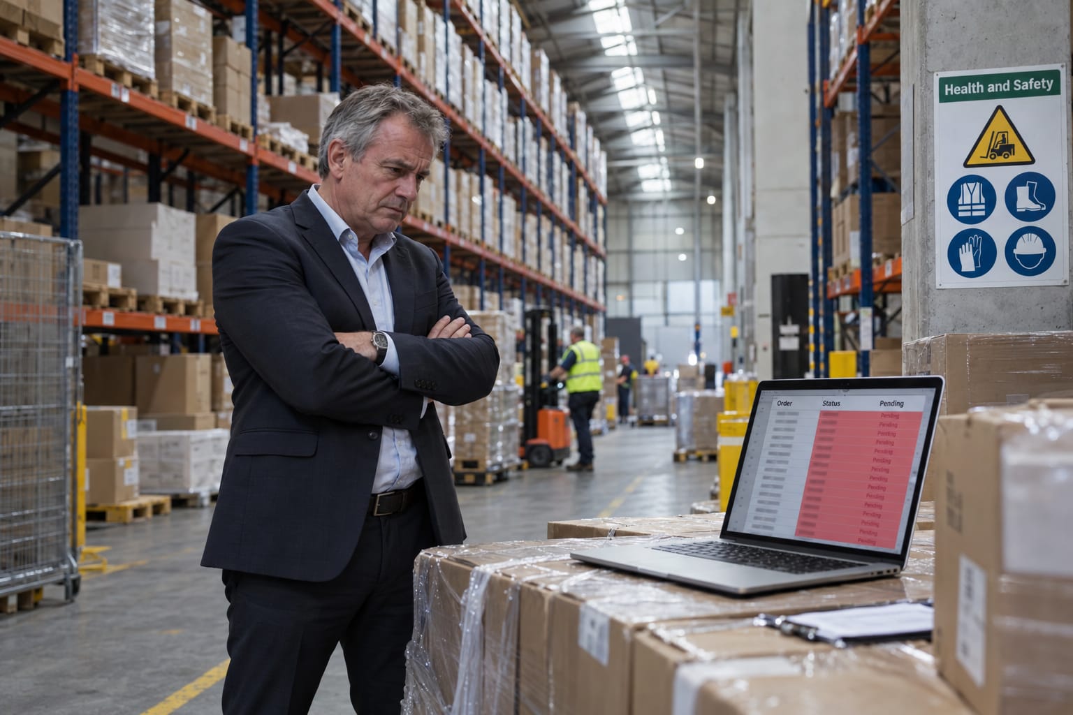 UK wholesale managing director reviews a backlog of pending orders on a laptop inside a busy distribution warehouse