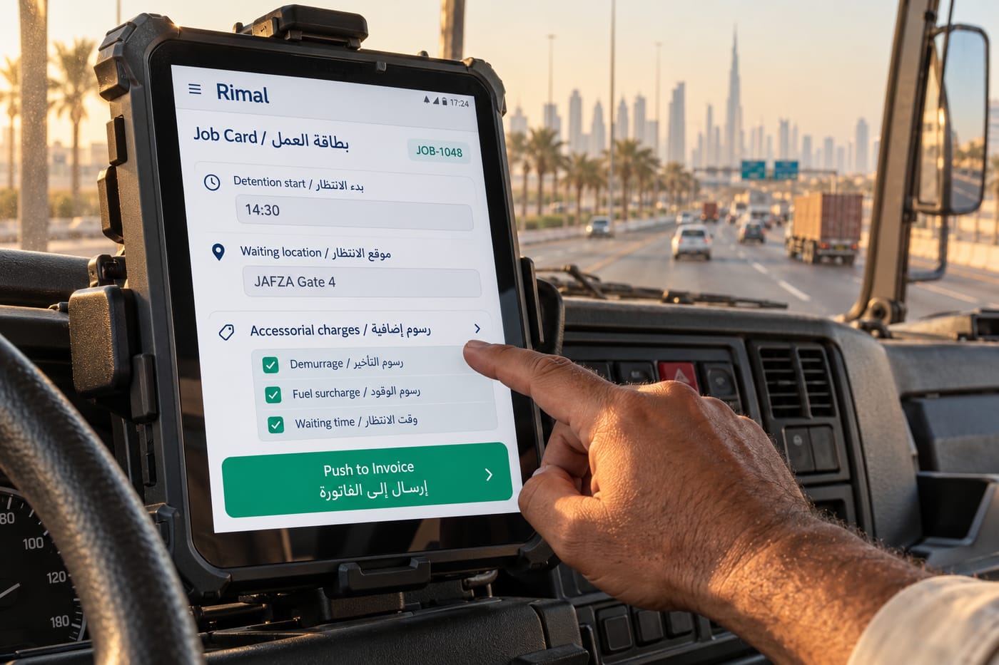 Driver using a digital job card app on a truck dashboard tablet to log accessorial charges at a JAFZA gate