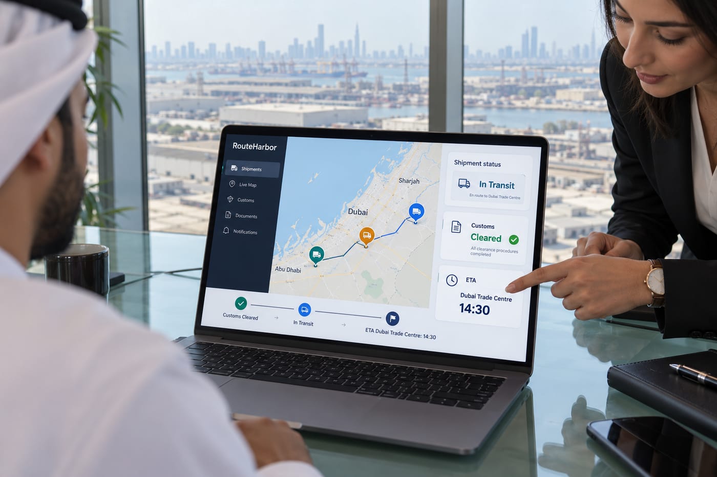 Logistics executive showing a live shipment visibility portal to a client in a Dubai free-zone office