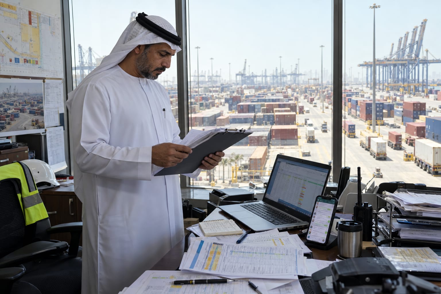 UAE freight manager reviewing paper job cards at a Jebel Ali port office with a container yard visible behind him