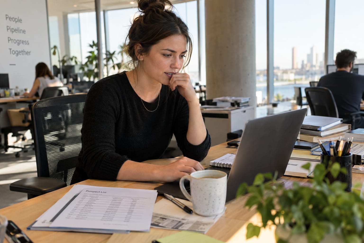 Sales rep leaning over a laptop at a standing desk, reviewing a printed prospect list with morning light behind her.