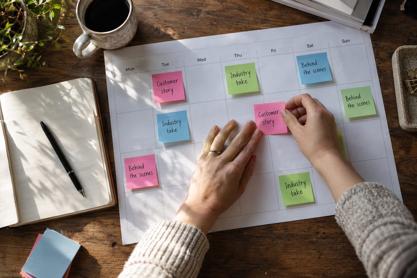 Hands arranging colour-coded sticky notes labelled by content theme on a paper monthly calendar.