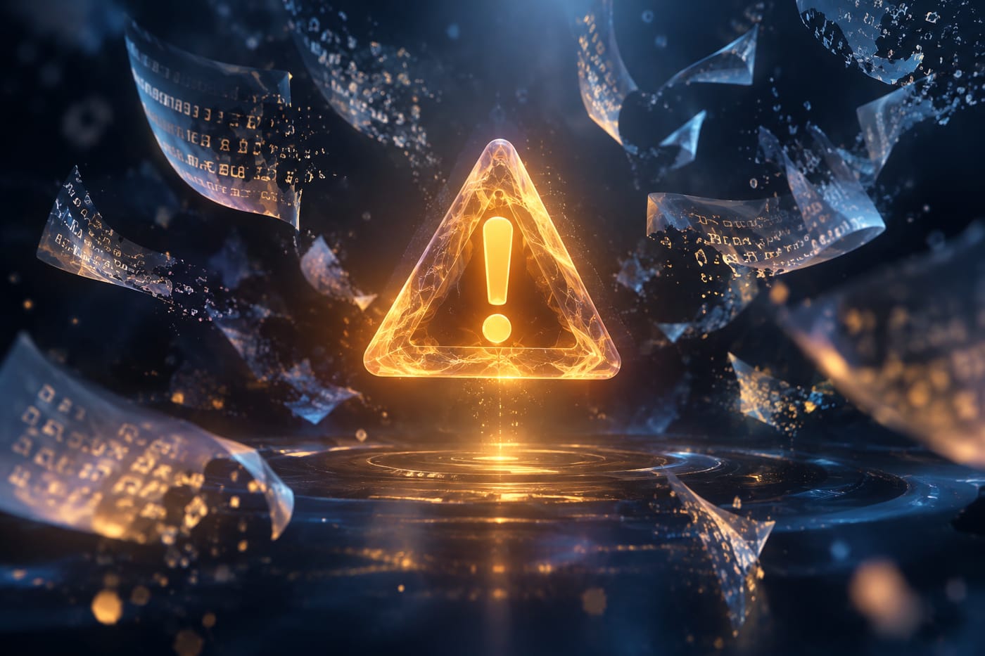 Abstract glowing amber warning triangle surrounded by dissolving text fragments on a dark blue background.