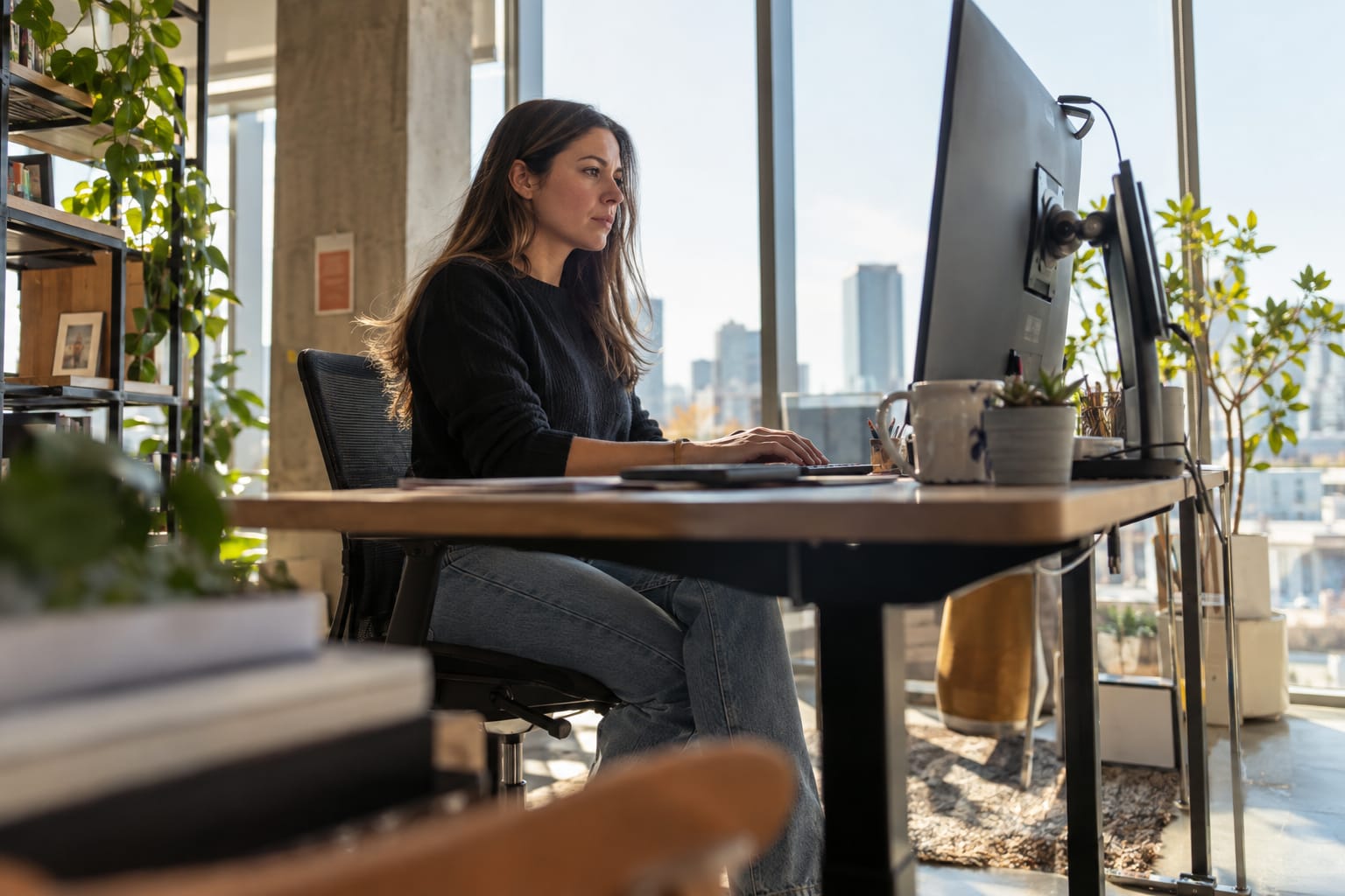 Solo marketing manager typing at a standing desk in a sunlit open-plan office, screen turned away from camera.