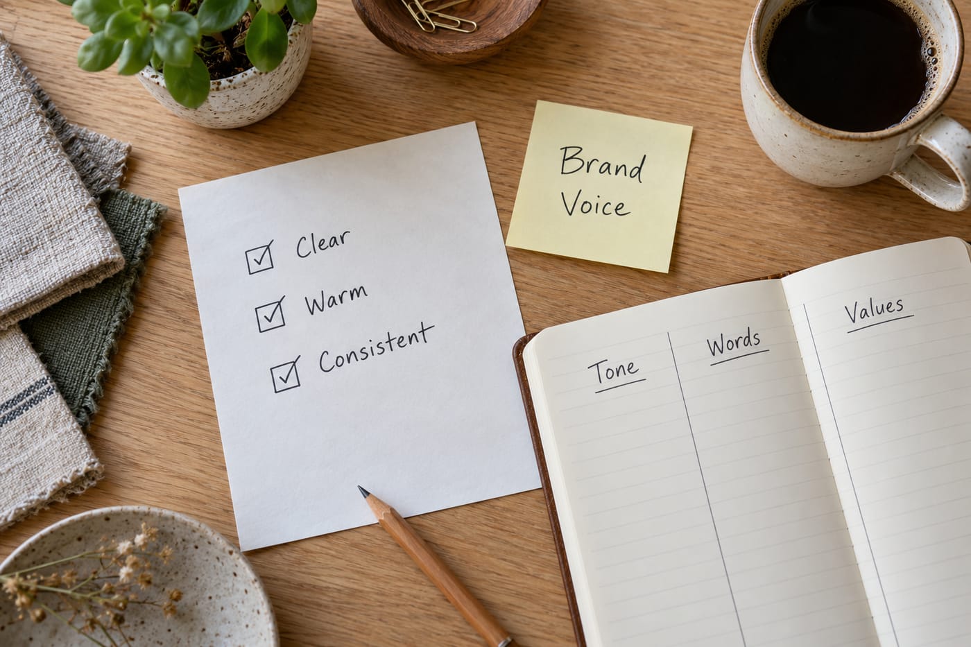 Overhead flat-lay of a printed checklist and branded notes on a light oak desk beside a linen swatch.