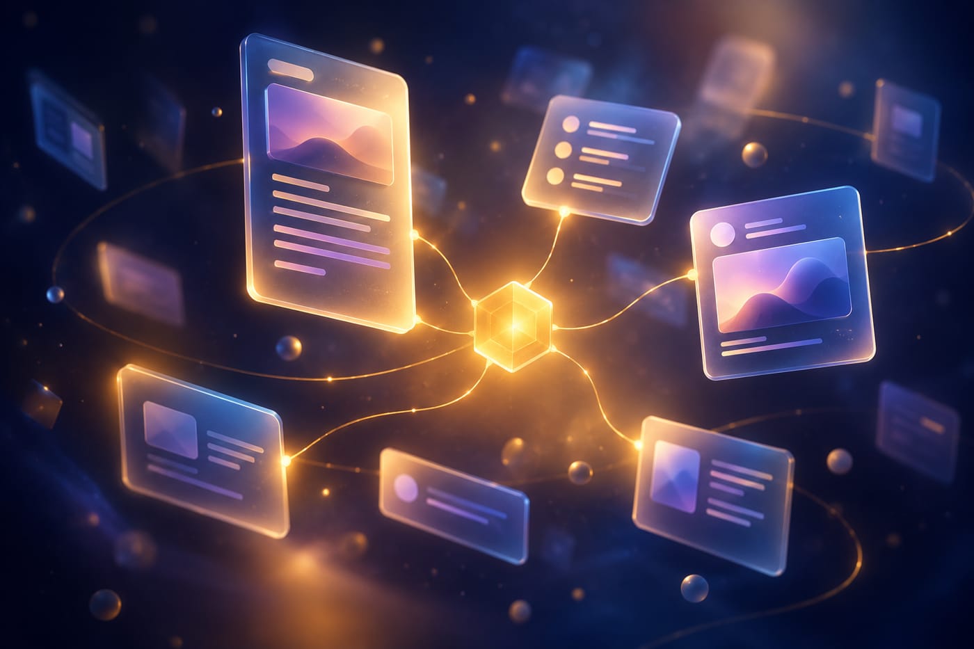 Abstract illustration of glowing content cards for different channels connected by threads to a central golden node.