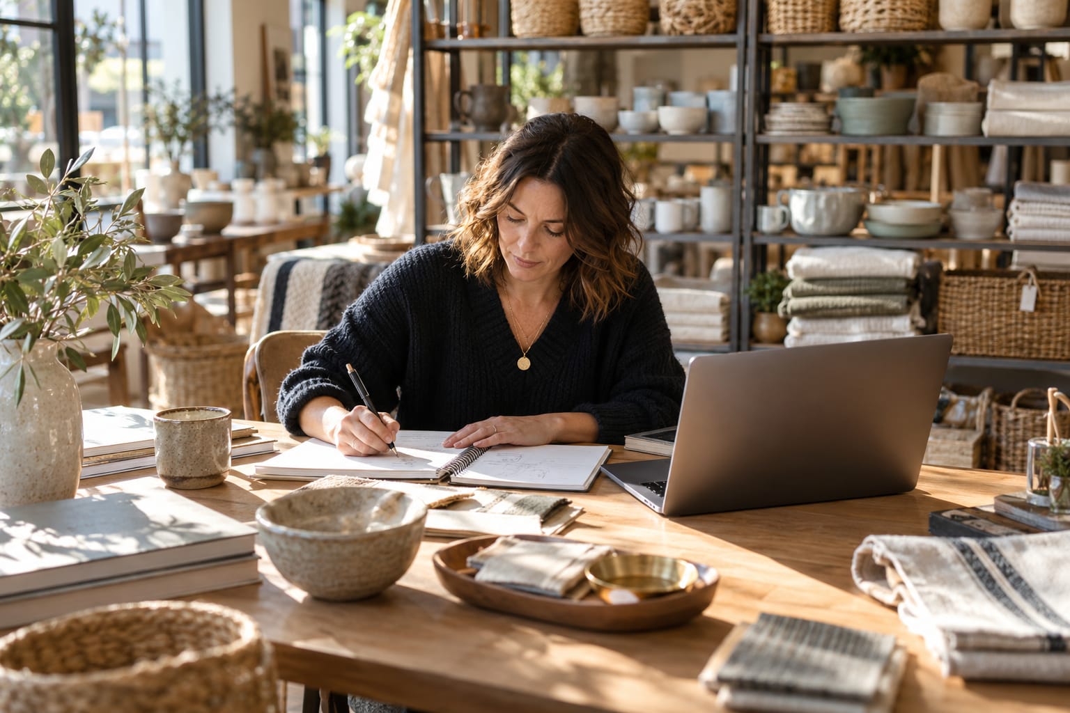 Catalog manager writing product notes at a desk in a home goods showroom filled with ceramics and linens.